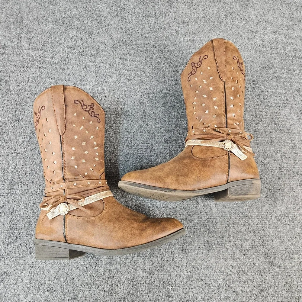 Rodeo Roper Bozeman Kids Brown Western Cowboy Boots Size 4M Glitter Chain Detail